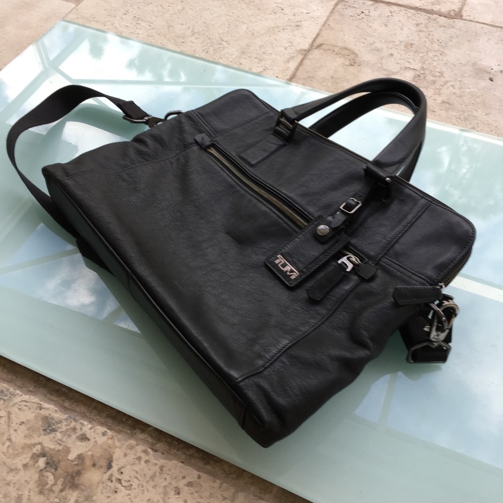 Tumi black leather briefcase